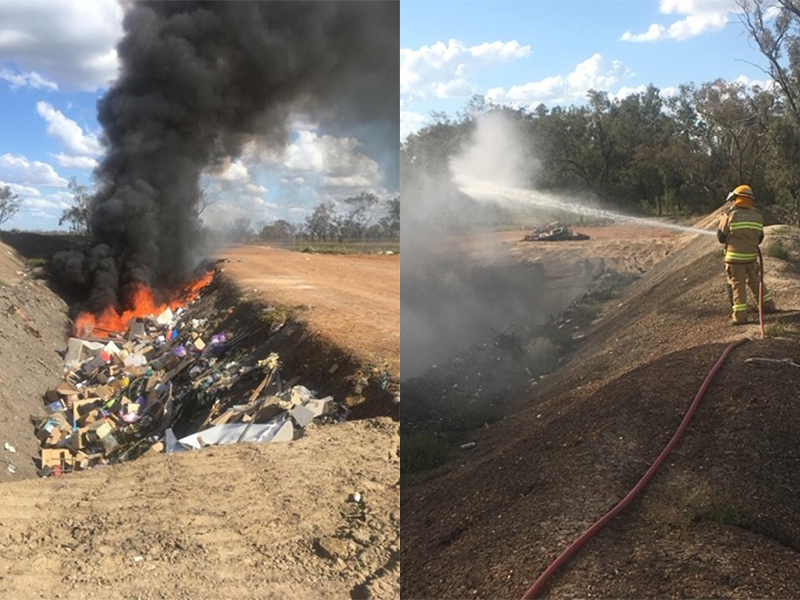 Left: waste on fire in Dirranbandi Landfill. Right: firefighter extinguishing the landfill fire.