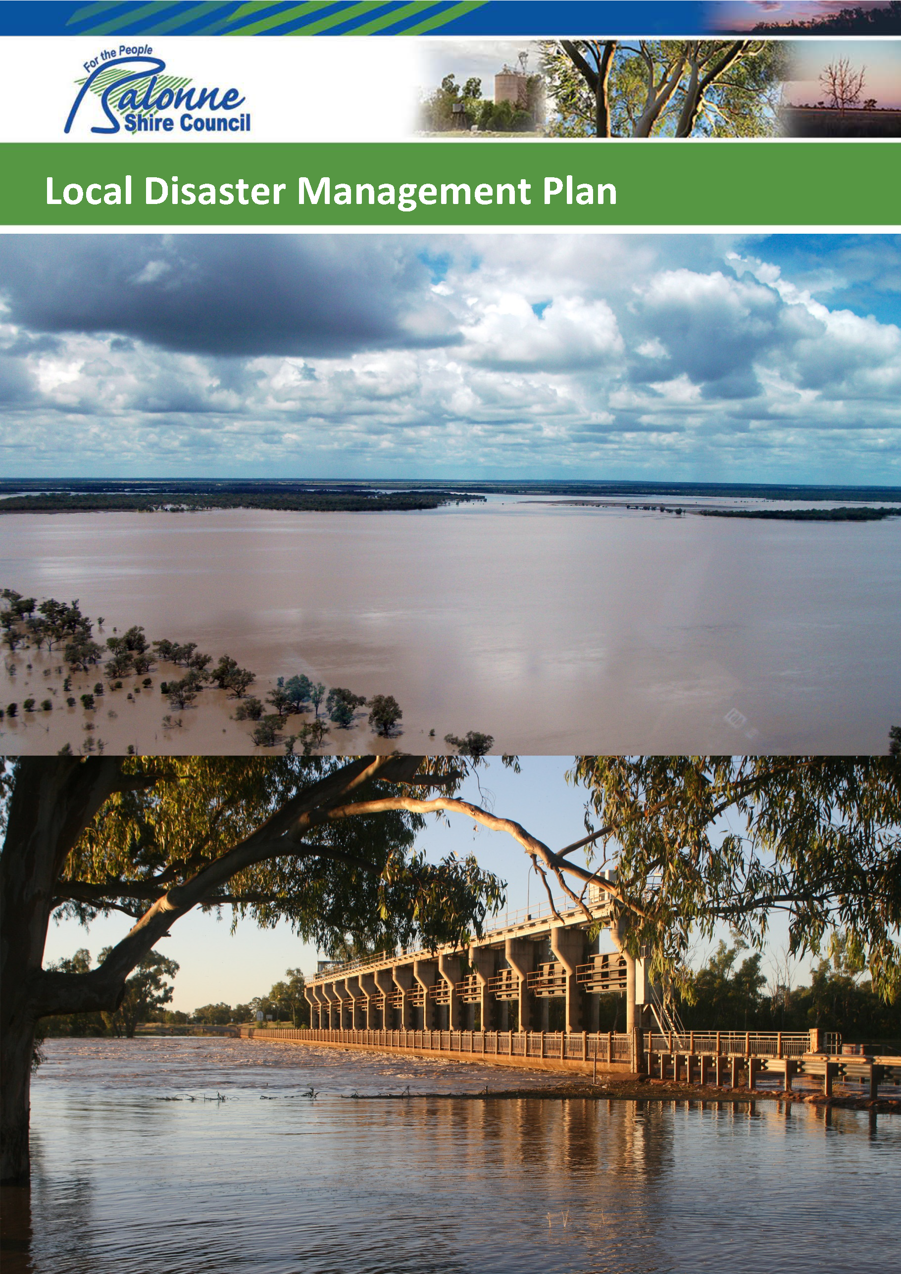 Cover page of the Local Disaster Management Plan. An aerial image of a flooded plain fills the top half of the page; below is an image of a flooded bridge.