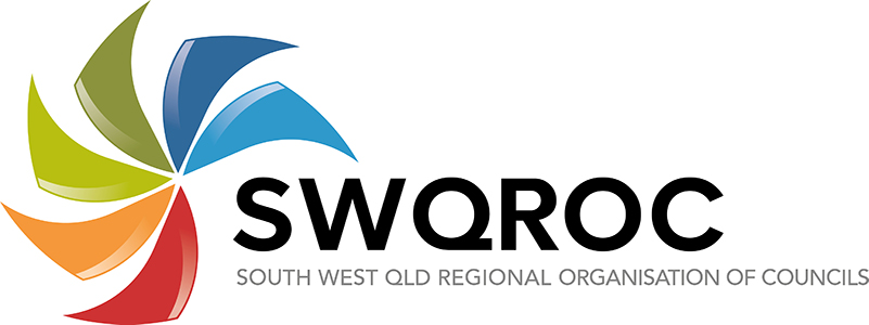 A colourful stylised windmill next to text. Text reads: SWQROC South West Queensland Regional Organisation of Councils.