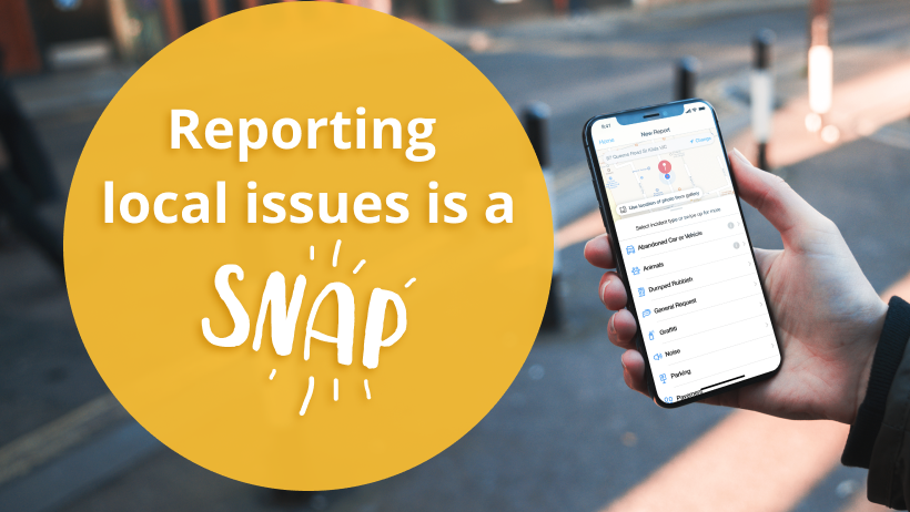 Image of a yellow circle with text that reads reporting local issues is a snap. to the right of the circle is someone holding a phone with the snap send solve app loaded