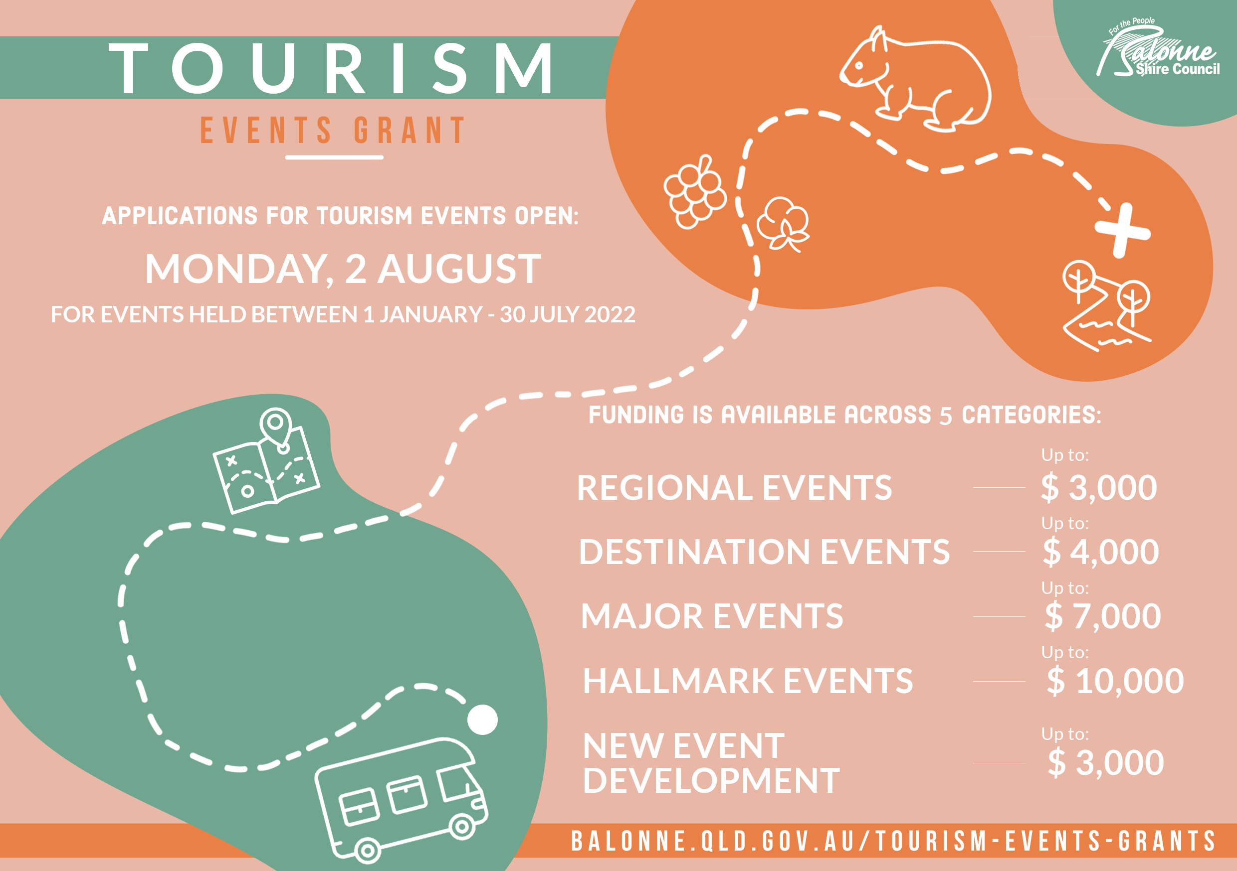 Tourism Events Grant. Applications open Monday 2 August, for events held between 1 January and 30 July 2022. Funding is available across five categories.